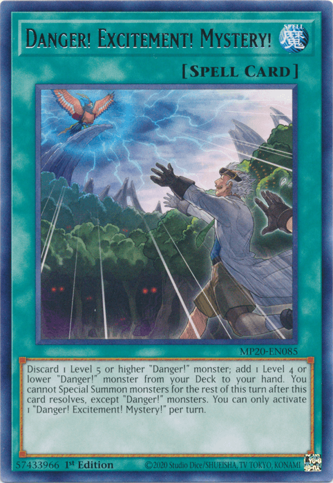 An image of the Yu-Gi-Oh! trading card "Danger! Excitement! Mystery! [MP20-EN085] Rare." This Normal Spell Card features a man in a white lab coat and glasses, surprised by a colorful monstrous bird flying out of a glowing blue chest in a stormy setting. The card text explains its effects involving Danger! monsters.