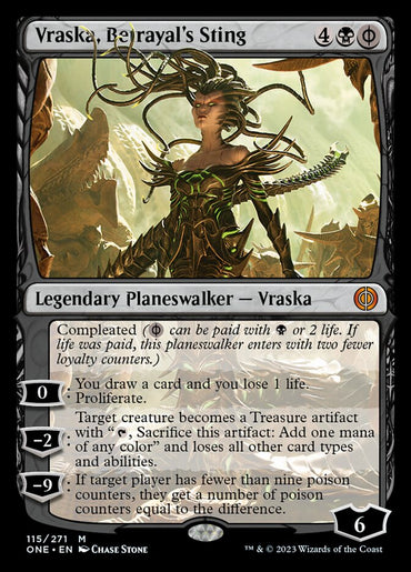 A detailed image of the Magic: The Gathering card "Vraska, Betrayal's Sting" from the Phyrexia: All Will Be One set. This Mythic card features a dark, human-like figure with green tendril-like hair and glowing green eyes. It's a Legendary Planeswalker - Vraska with loyalty abilities and compleated cost, illustrated by Chase Stone as card 115/271.