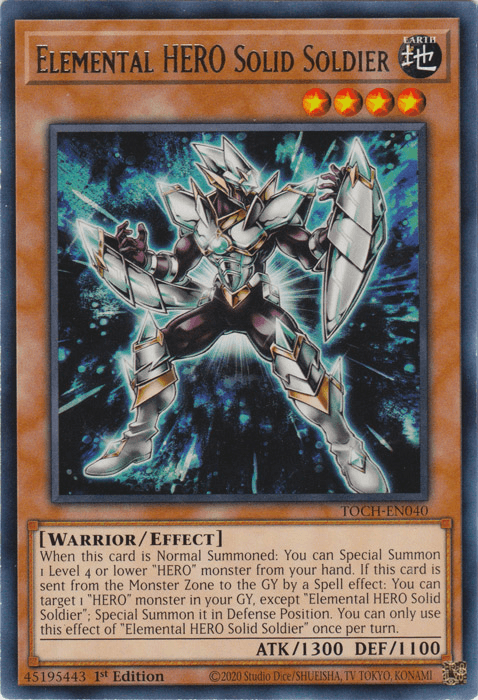 A trading card image of "Elemental Hero Solid Soldier [TOCH-EN040] Rare" from the Yu-Gi-Oh! game. It features a warrior with silver armor and glowing blue accents. The card, a 4-star Effect Monster from Toon Chaos, has ATK 1300 and DEF 1100. Text below describes its special summoning effect.