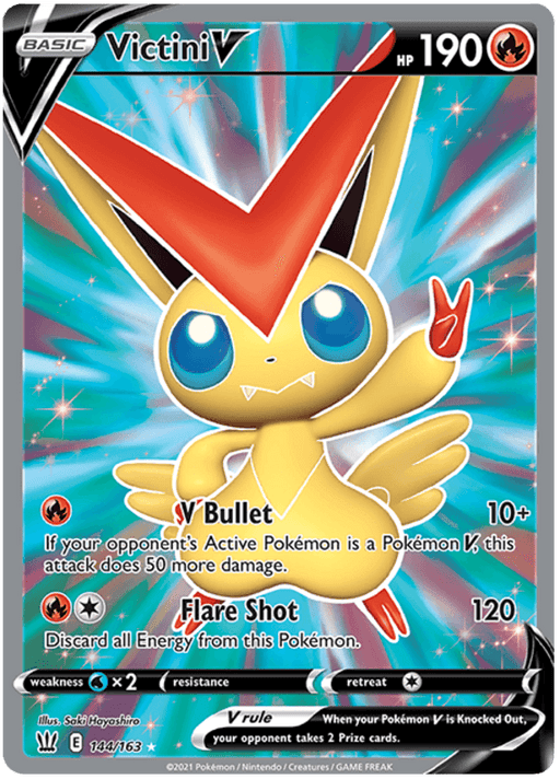 A Victini V (144/163) [Sword & Shield: Battle Styles] Pokémon card from the Pokémon series. Victini is depicted as a small, yellow, rabbit-like creature with large blue eyes and a red V-shaped crest on its head. This ultra rare card has 190 HP, with two attacks: "V Bullet" and "Flare Shot." It's illustrated with vibrant colors against a starry background.