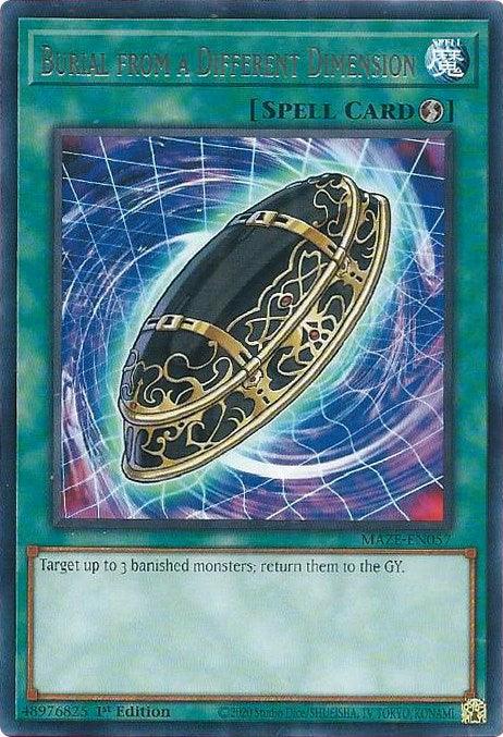 A "Yu-Gi-Oh!" Spell Card titled "Burial from a Different Dimension [MAZE-EN057] Rare" with artwork of a black and gold ornate coffin against a swirling blue energy background. The card's text reads, "Target up to 3 banished monsters; return them to the GY." This 1st Edition Quick-Play Spell is perfect for those navigating the Maze of Memories.