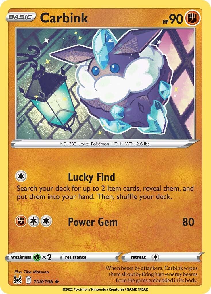 An illustrated Pokémon card featuring Carbink (108/196) [Sword & Shield: Lost Origin], a Rock and Fairy-type Pokémon from the Pokémon Sword & Shield: Lost Origin series. Carbink is depicted as a fluffy, gem-studded creature floating amidst crystal shards. The card details include 