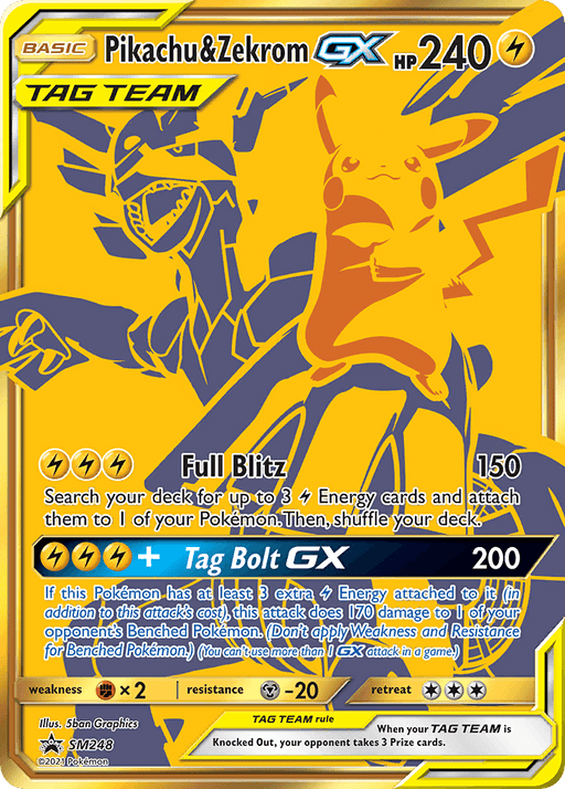 A lightning-themed Pokémon trading card labeled "Pikachu & Zekrom GX (SM248) [Sun & Moon: Black Star Promos]," with 240 HP, marked as a basic TAG TEAM from the Sun & Moon series. The gold-bordered artwork features Pikachu and Zekrom. It includes two attacks: "Full Blitz" doing 150 damage and the special "Tag Bolt GX" dealing 200 damage.