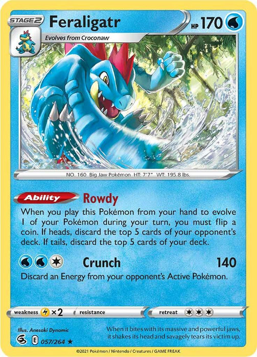 A Pokémon Feraligatr (057/264) [Sword & Shield: Fusion Strike] card featuring a Holo Rare illustration of Feraligatr, a blue, bipedal crocodilian Pokémon, emerging from a river with splashes around it. The Water Type card has 170 HP and describes the abilities "Rowdy" and the attack move "Crunch," along with various game stats.