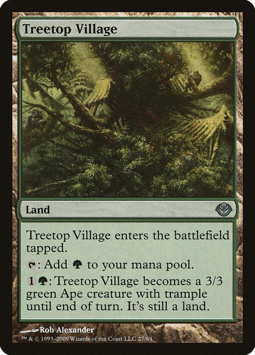 A Magic: The Gathering card named "Treetop Village [Duel Decks: Garruk vs. Liliana]," from the Duel Decks series, is a Land card. Its illustration shows a village built in dense, elevated trees. The card's abilities include entering the battlefield tapped, adding green mana, and becoming a 3/3 green Ape creature with trample for a cost.