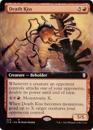 The image shows a "Death Kiss (Extended Art) [Commander Legends: Battle for Baldur's Gate]" Magic: The Gathering card from Commander Legends: Battle for Baldur's Gate. The card's artwork depicts a floating, multi-eyed creature with tentacles against a dark, fiery background. With a mana cost of five colorless and one red, this Rare Creature is a 5/5 Beholder with special abilities affecting opponents' creatures.