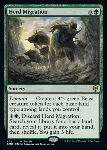 The Magic: The Gathering card "Herd Migration" from the Dominaria United set displays a majestic beast in a lush forest. This green sorcery card, versatile for decks, can create creature tokens and search for lands.