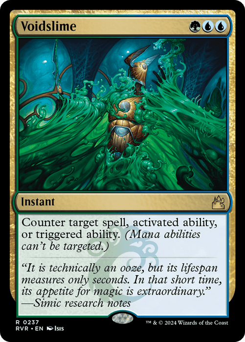 A "Voidslime [Ravnica Remastered]" Magic: The Gathering card from Ravnica Remastered features an illustration of a slimy green ooze engulfing a knight in armor. This rare magic card, an instant spell with blue and green colors, reads: "Counter target spell, activated ability, or triggered ability." The artist is Isis.