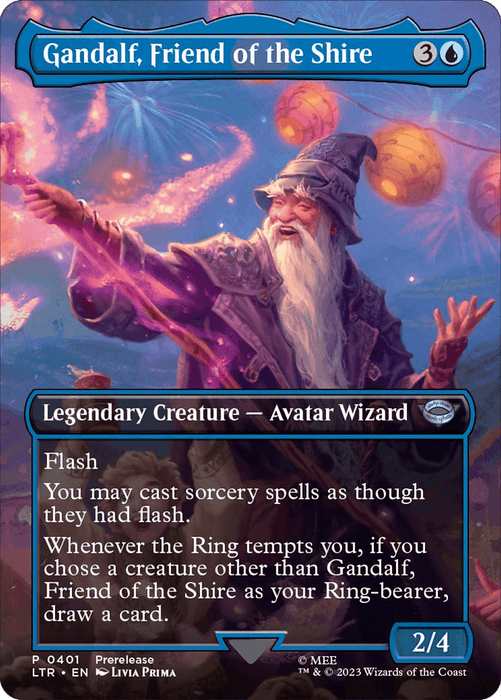 The image depicts a "Legendary Creature - Avatar Wizard" card from Magic: The Gathering, titled "Gandalf, Friend of the Shire (Borderless Alternate Art) [The Lord of the Rings: Tales of Middle-Earth]." The art shows Gandalf, an elderly wizard with a long white beard and pointed hat, using magic. The card features stats, abilities, and costs 3 generic and 1 blue mana.