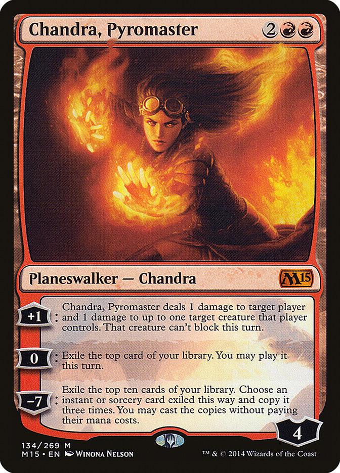 The Magic: The Gathering card "Chandra, Pyromaster [Magic 2015]" is a Legendary Planeswalker with Mythic Rarity, depicting dramatic artwork of Chandra with her glowing red hair and goggles as she unleashes flames. It includes three abilities, loyalty points, and specific mana costs, along with the M15 set symbol in the corner.