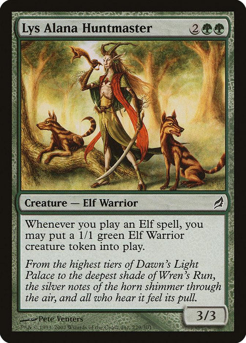 A **Magic: The Gathering** card titled "**Lys Alana Huntmaster [Lorwyn].**" The artwork depicts an Elf Warrior with long hair, dressed in a green outfit, holding a bow and arrow, accompanied by two wolves. The text box describes the card's abilities to create creature tokens and flavor text. The card has a power/toughness of 3/3.