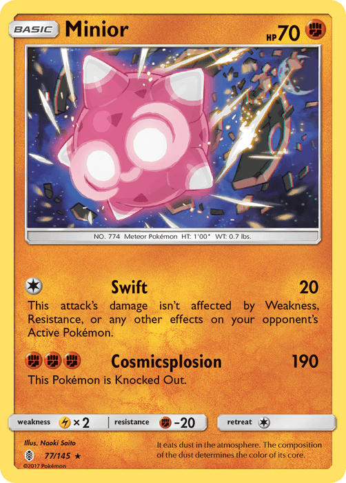 A Pokémon trading card from the Sun & Moon series, Guardians Rising, features Minior, a pink spherical meteor Pokémon, bursting out of a blue and black cosmic background. This Holo Rare card shows Minior's HP as 70 and includes Swift (20 damage) and Cosmosplosion (190 damage but knocks out Minior). The product is called Minior (77/145) [Sun & Moon: Guardians Rising] by Pokémon.