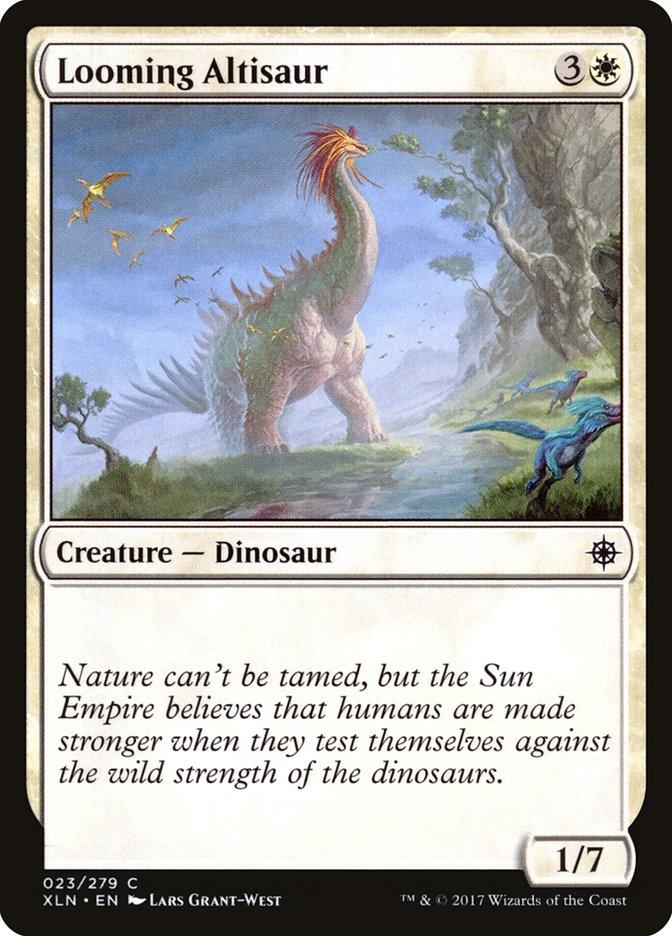 A Magic: The Gathering card featuring an illustration of a large dinosaur, the Looming Altisaur [Ixalan], standing in a lush, prehistoric landscape with colorful birds and a small river. The card details include its cost of 3 white mana, power/toughness of 1/7, and flavor text describing the Sun Empire of Ixalan.