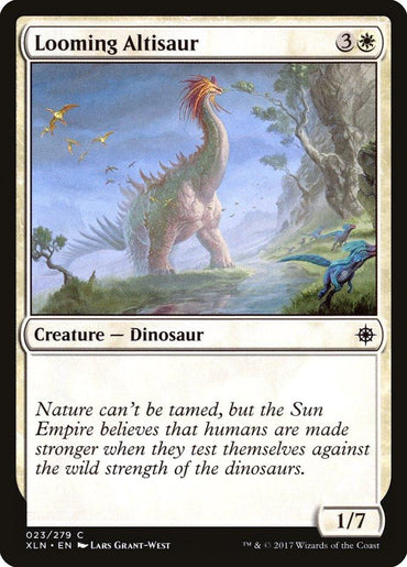 A Magic: The Gathering card featuring an illustration of a large dinosaur, the Looming Altisaur [Ixalan], standing in a lush, prehistoric landscape with colorful birds and a small river. The card details include its cost of 3 white mana, power/toughness of 1/7, and flavor text describing the Sun Empire of Ixalan.