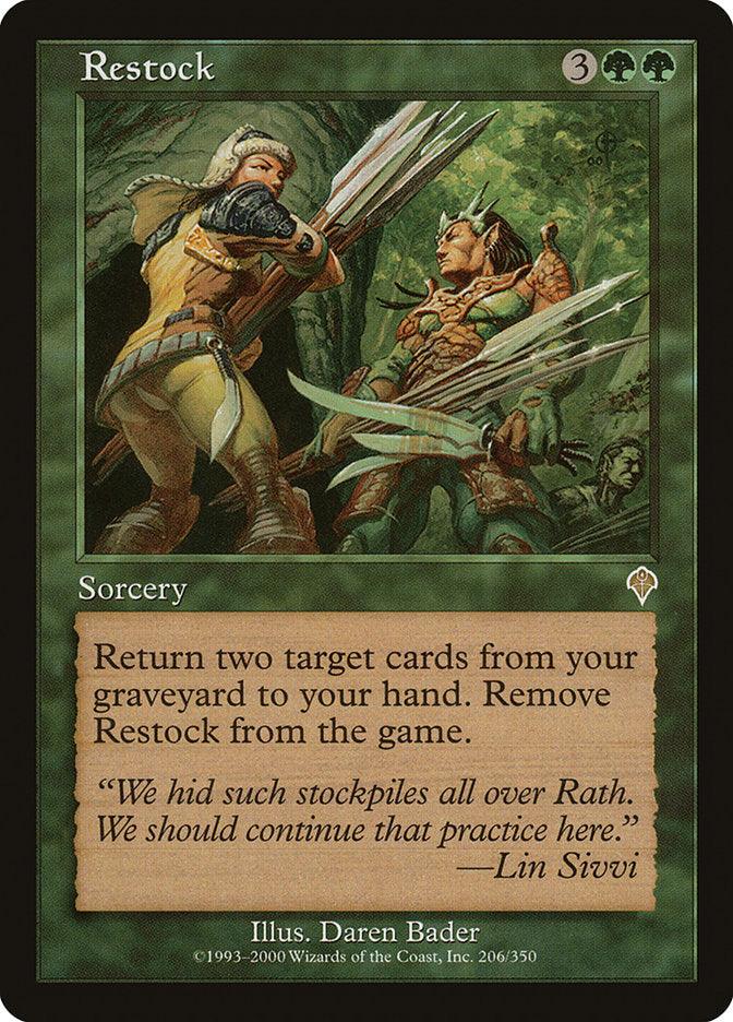 The image is a Magic: The Gathering card named "Restock [Invasion]," a rare sorcery from the Invasion set. It shows two armored figures in a forest, gathering arrows. The card costs 3 generic mana and 2 green mana to cast. The text reads: "Return two target cards from your graveyard to your hand. Remove Restock from the game." The quote at the bottom