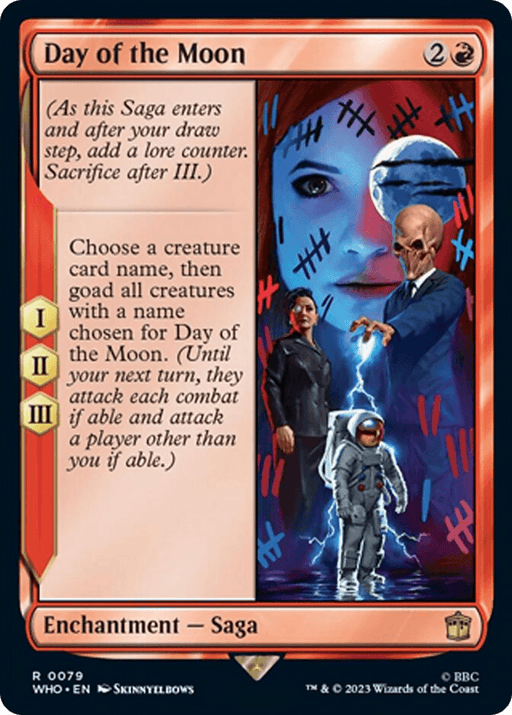 A rare Magic: The Gathering card named "Day of the Moon [Doctor Who]," an Enchantment Saga, costing 2 colorless and 1 red mana. Its abilities span three sequential tabs labeled I, II, and III, affecting chosen creature cards. The artwork features eerie, surreal imagery with alien-like figures reminiscent of Doctor Who.