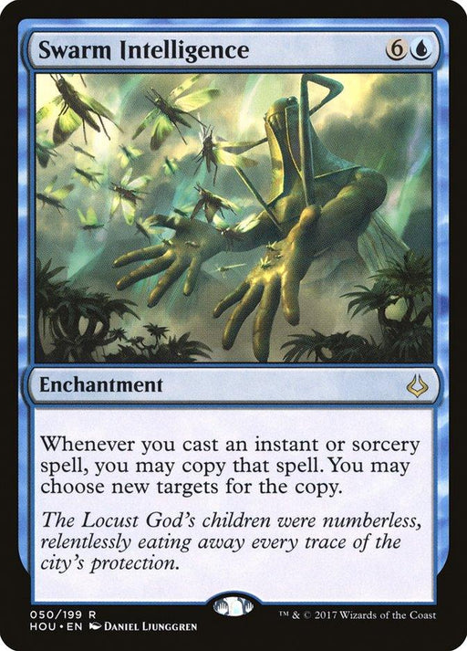 A Magic: The Gathering product titled "Swarm Intelligence [Hour of Devastation]," from the brand Magic: The Gathering. It features eerie floating hands casting a spell in a dark, shadowy landscape with strange plants. This Rare Enchantment, costing 6 colorless and 1 blue mana, allows copying instant or sorcery spells. Illustrated by Daniel Ljunggren.
