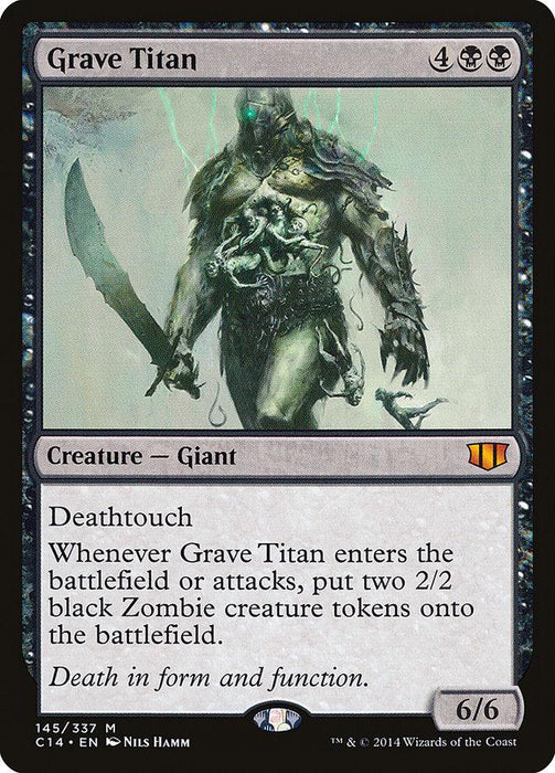 Magic: The Gathering card titled "Grave Titan [Commander 2014]." The card costs four generic mana and two black mana, featuring a 6/6 Giant with Deathtouch. When it enters the battlefield or attacks, it creates two 2/2 black Zombie creature tokens. Art by Nils Hamm.