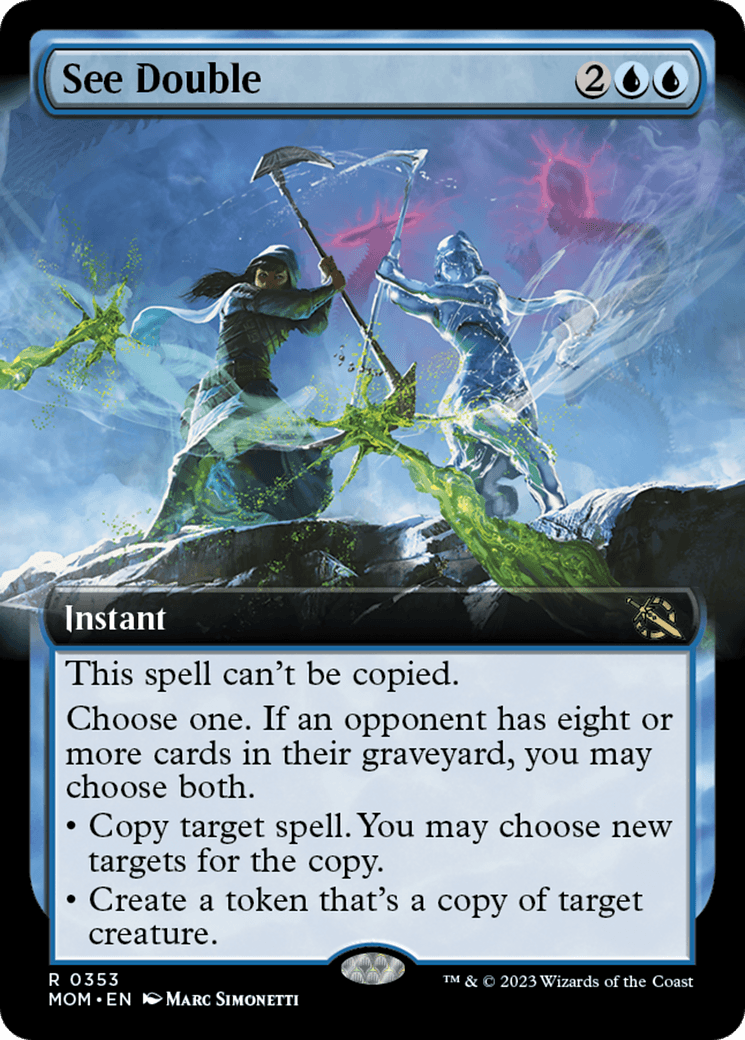 Two figures clash in the dark under a glowing sky in the artwork for the rare Magic: The Gathering card 