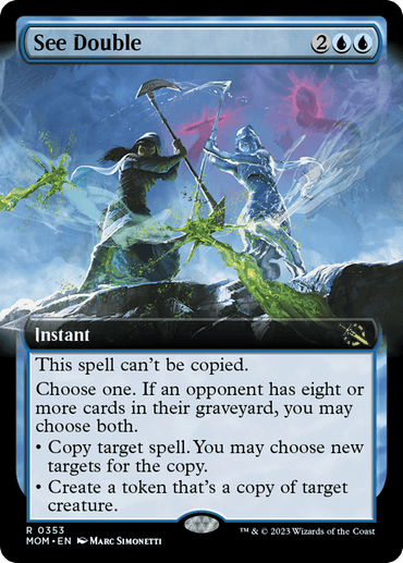 Two figures clash in the dark under a glowing sky in the artwork for the rare Magic: The Gathering card "See Double (Extended Art) [March of the Machine]." One figure wears green, wielding a staff, while the other is in spectral armor, brandishing an axe. Green magical energy swirls around them. The blue card is labeled as an Instant.