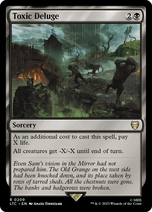 A Magic: The Gathering card named "Toxic Deluge [The Lord of the Rings: Tales of Middle-Earth Commander]" is showcased with chaotic artwork depicting a dark, stormy scene with writhing figures and ruins. The black-bordered card costs 2 black mana and 1 colorless mana. It reads: "As an additional cost to cast this spell, pay X life. All creatures get -X/-X until end of turn." Like visions