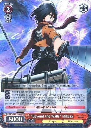 A Bushiroad trading card, "Beyond the Walls" Mikasa (AOT/S35-E058R RRR) [Attack on Titan], depicts Mikasa from "Attack on Titan." She wields dual blades and wears a harness with gear for mobility. The background features a cloudy sky and a towering wall. The character card has attributes: level 2, cost 2, and power 8000, with text including abilities and flavor quotes.