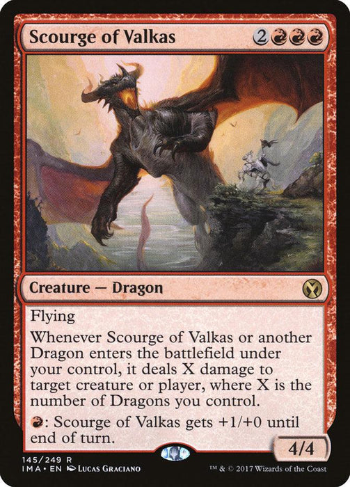 The image showcases a Magic: The Gathering card from Iconic Masters named "Scourge of Valkas [Iconic Masters]." This rare Creature Dragon costs 2 red mana and 3 generic mana to cast. With flying, its 4/4 power and toughness, and abilities to deal damage and increase power, it’s a formidable presence on the battlefield.