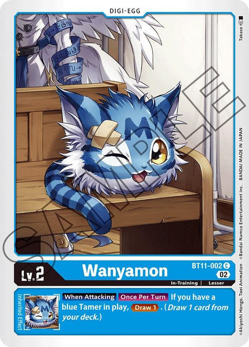 A card image featuring Wanyamon, an in-training Digimon, with patchy blue and white fur, wearing goggles, and sitting on a wooden bench with bandages on its cheek. This Level 2 Digi-Egg card (Wanyamon [BT11-002] [Dimensional Phase]) from the Digimon brand has an effect that lets you draw one card when attacking if you have a blue Tamer in play.
