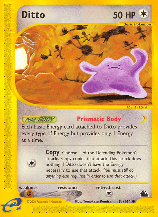 A Ditto (51/144) [Skyridge] from the Pokémon series featuring a common Ditto with 50 HP. Ditto, a colorless and pink, amorphous creature with a simple face, is depicted within a yellow border. The card includes move descriptions for "Prismatic Body" and "Copy," along with a set symbol, copyright info, and is numbered 51/144.