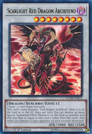 The image is of a Yu-Gi-Oh! trading card titled "Scarlight Red Dragon Archfiend [DUDE-EN013] Ultra Rare." This Duel Devastator card features an illustration of a fierce, red, and black dragon with glowing red accents and wings spread wide. The Synchro/Effect Monster's stats are displayed at the bottom, showing ATK/3000 and DEF/2500.