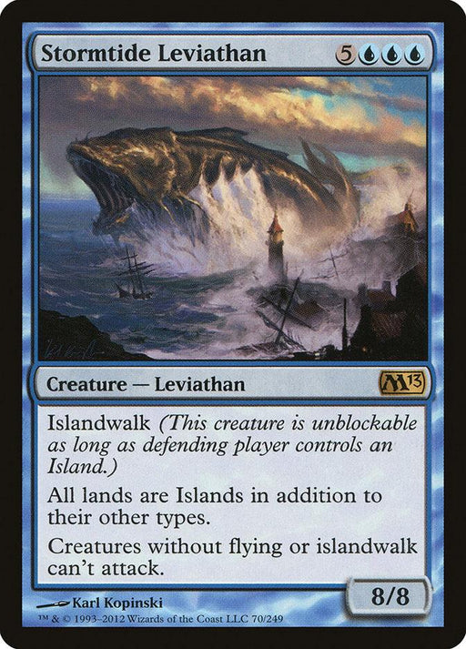 A Magic: The Gathering card titled "Stormtide Leviathan [Magic 2013]" features a giant sea creature emerging near a stormy coast. Part of the Magic: The Gathering set, this formidable Creature — Leviathan costs 5 blue mana and 3 colorless mana and boasts an 8/8 power and toughness. Its abilities include Islandwalk and making all lands Islands, preventing creatures without flying or