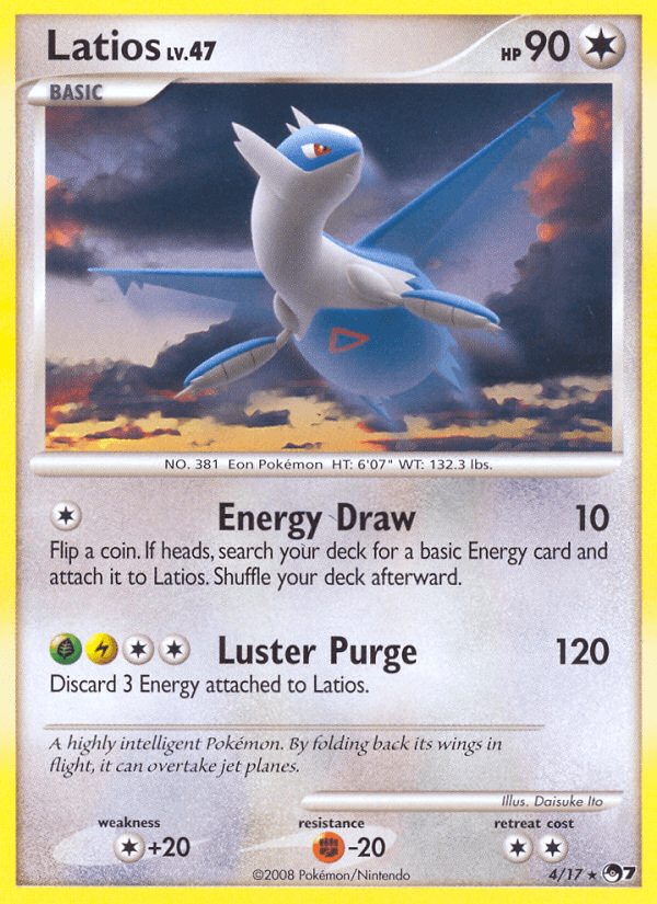 The Latios card from the Pokémon brand, featuring artwork of a dragon-like creature gliding with striking blue and white colors, is a Level 47 Basic Pokémon card with 90 HP. It boasts two impressive Psychic-powered attacks: Energy Draw, which deals 10 damage, and Luster Purge, delivering a powerful 120 damage. This rare collectible is numbered 4/17 in the 2008 POP Series 7 set.