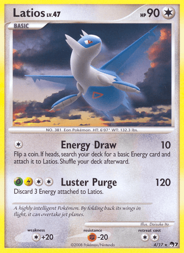 The Latios card from the Pokémon brand, featuring artwork of a dragon-like creature gliding with striking blue and white colors, is a Level 47 Basic Pokémon card with 90 HP. It boasts two impressive Psychic-powered attacks: Energy Draw, which deals 10 damage, and Luster Purge, delivering a powerful 120 damage. This rare collectible is numbered 4/17 in the 2008 POP Series 7 set.