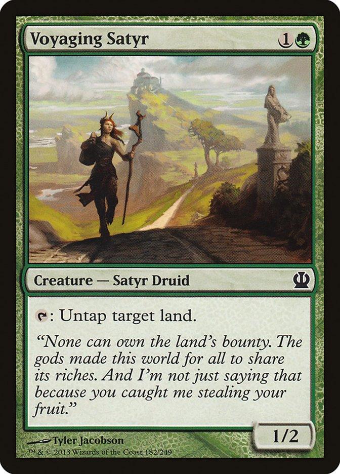 Magic: The Gathering product titled "Voyaging Satyr [Theros]." This Theros-inspired card features a Satyr Druid holding a staff, standing amidst a lush, green landscape with distant hills and a castle. The cost is 1 green mana, power/toughness is 1/2, and the ability reads: "{T}: Untap target land.