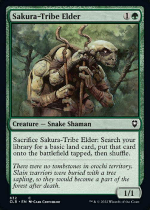 A Magic: The Gathering card from Commander Legends: Battle for Baldur's Gate featuring "Sakura-Tribe Elder." The card has green borders and displays a snake-like creature holding a staff. Labeled as a "Snake Shaman" with a power/toughness of 1/1, it includes instructions on its sacrifice ability and flavor text below.