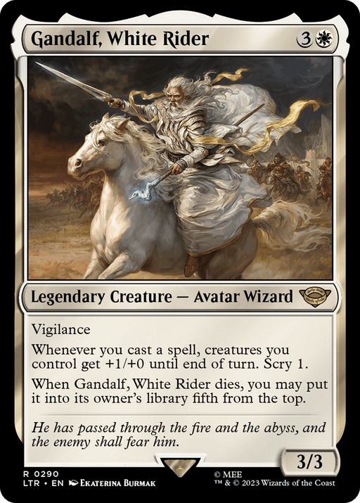 A Magic: The Gathering card featuring Gandalf, White Rider [The Lord of the Rings: Tales of Middle-Earth] from The Lord of the Rings universe. The card has a white and beige color scheme, depicting Gandalf on a white horse with a staff. Text details his abilities and stats: 3/3, with vigilance and other spell-related powers fitting an Avatar Wizard.