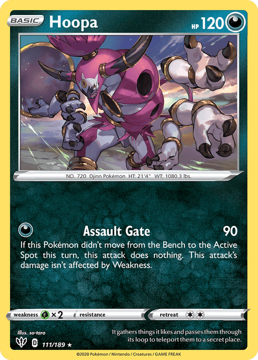 A Pokémon trading card featuring **Hoopa (111/189) [Sword & Shield: Darkness Ablaze]** from **Pokémon**. Hoopa floats with pink rings around its wrists. The Holo Rare card details include 120 HP, Psychic type, and the move "Assault Gate" with 90 damage power, noting specific conditions for its effectiveness.