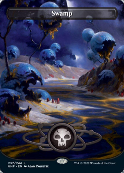A dark, surreal landscape card titled "Swamp (237) (Planetary Space-ic Land) [Unfinity]" from Magic: The Gathering. The image depicts a murky, winding path through a Basic Land swamp with alien-like blue and purple fungal structures. The scene is illuminated by an eerie, bluish light. Skull and atoms symbol at the bottom. Art by Adam Paquette.