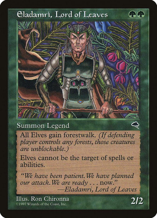 A Magic: The Gathering card titled "Eladamri, Lord of Leaves [Tempest]." The card has a green border and features an Elf Warrior dressed in armor standing in a forest, surrounded by foliage and colorful flowers. The card text reads: "All Elves gain forestwalk. Elves cannot be the targets of spells or abilities." It's a 2/2 Legendary Creature.