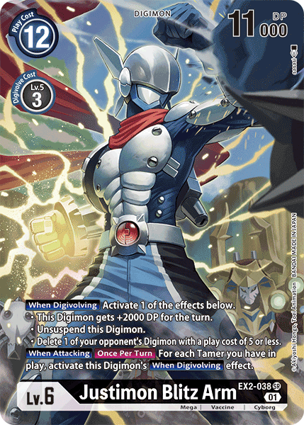 This Super Rare Digimon card, Justimon Blitz Arm [EX2-038] (Alternate Art) [Digital Hazard], showcases a cyborg-like figure clad in armor with a glowing blue visor. With a play cost of 12, level 6, and 11,000 DP, it boasts various abilities. The abstract background with streaks of light accentuates the Digital Hazard-themed artwork.