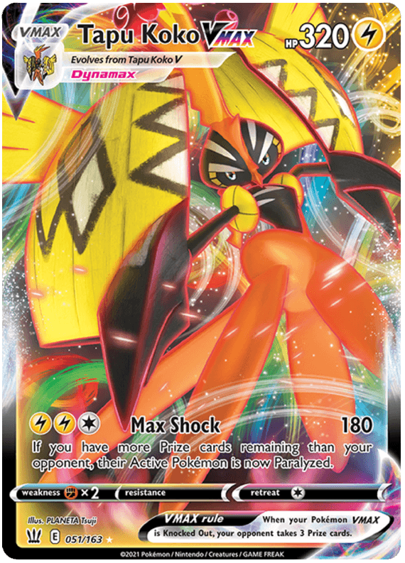 A Tapu Koko VMAX (051/163) [Sword & Shield: Battle Styles] features Tapu Koko VMAX, an Ultra Rare lightning-type with 320 HP. The colorful card showcases Tapu Koko in an action pose with vibrant, dynamic artwork. The card details include the move 