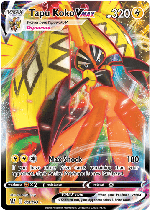 A Tapu Koko VMAX (051/163) [Sword & Shield: Battle Styles] features Tapu Koko VMAX, an Ultra Rare lightning-type with 320 HP. The colorful card showcases Tapu Koko in an action pose with vibrant, dynamic artwork. The card details include the move "Max Shock," dealing 180 damage and the Pokémon VMAX rule. It's number 51/163 from the Battle Styles set by Pokémon.