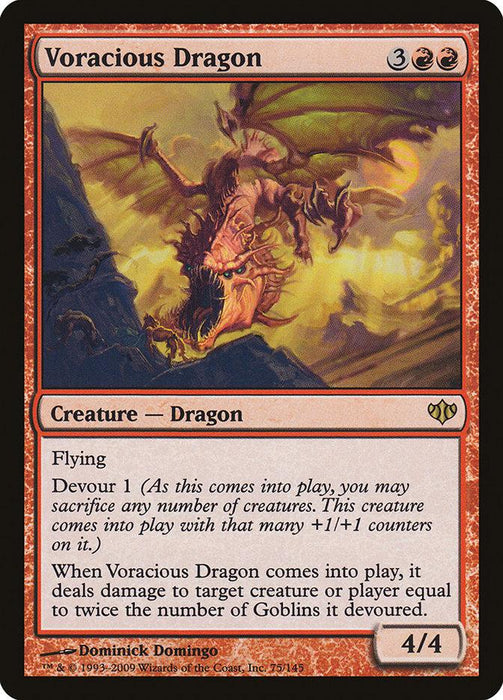 A Magic: The Gathering card titled "Voracious Dragon [Conflux]" boasts a casting cost of 3RR and belongs to the red faction. Illustrated with a fierce dragon showcasing open jaws and fiery breath, it features Flying, Devour 1, and deals damage according to the number of Goblins devoured. It stands at 4/4 power/toughness.