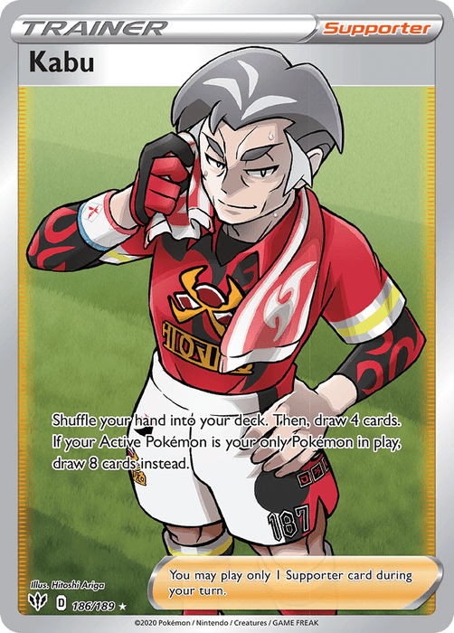 A Pokémon trading card from the Sword & Shield: Darkness Ablaze series, branded as Pokémon, featuring Kabu (186/189), a fit, older man with gray hair and a determined expression. Donned in a predominantly red athletic outfit, this Ultra Rare card details Kabu's abilities: shuffling your hand into your deck, drawing cards, and conditional draw mechanics.