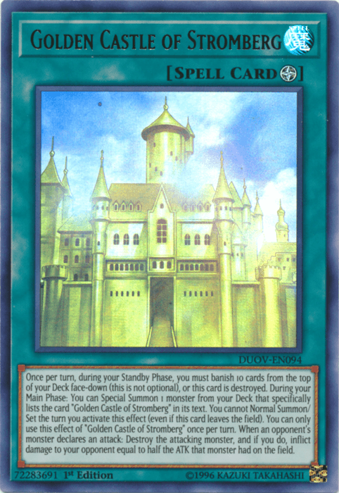 The image displays a Yu-Gi-Oh! Spell Card titled "Golden Castle of Stromberg [DUOV-EN094] Ultra Rare." The illustration depicts a majestic golden castle floating in the sky, illuminated by a radiant glow. As an Ultra Rare Field Spell, its effects and conditions are described in a turquoise text box at the bottom. It's a 1st Edition.