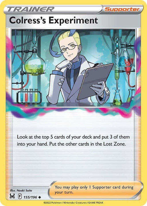 A Pokémon card titled "Colress's Experiment (155/196) [Sword & Shield: Lost Origin]" from Pokémon. It features a character with blond hair in a white lab coat, holding a clipboard and pen, standing in a lab with colorful beakers in the background. This Supporter card allows the player to look at the top 5 cards of their deck.