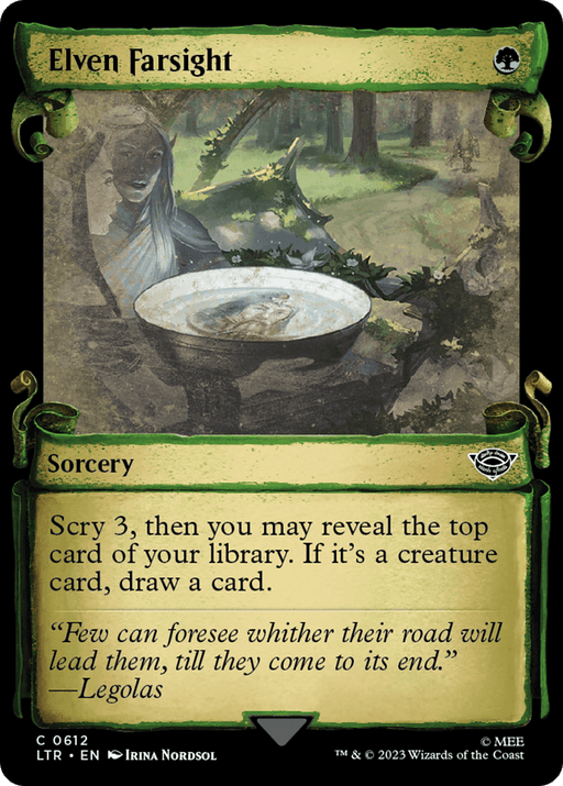 Magic: The Gathering card titled Elven Farsight [The Lord of the Rings: Tales of Middle-Earth Showcase Scrolls]. It shows an elf gazing into a pool of water within a forest. The green-bordered card reads: 'Scry 3, then you may reveal the top card of your library. If it's a creature card, draw a card.' Flavor text quotes Legolas.
