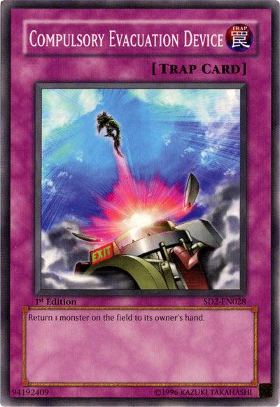 A Yu-Gi-Oh! trading card named "Compulsory Evacuation Device [SD2-EN028] Common." It is a Normal Trap card with a purple border. The artwork shows a mechanical device ejecting a figure skyward with energy. The card text reads, "Return 1 monster on the field to its owner's hand." The card ID is SD2-EN028 from the Zombie Madness set.