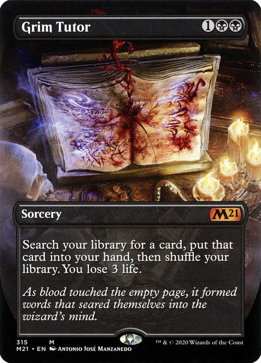 The image is the Magic: The Gathering card "Grim Tutor (Borderless Alternate Art)," a Mythic rarity from Core Set 2021. The card depicts an open, blood-stained book surrounded by mystical symbols and candles. The text box reads: "Search your library for a card, put that card into your hand, then shuffle your library. You lose 3 life.