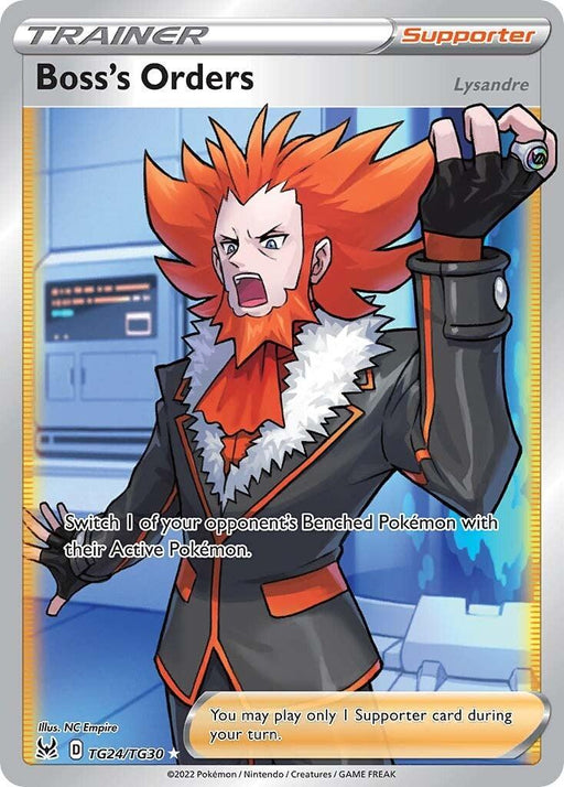 A "Boss's Orders (TG24/TG30) [Sword & Shield: Lost Origin]" Pokémon card from the Pokémon series features a character with spiky orange hair and a matching beard, donning a dark suit with an orange fur collar. The character points forward with a commanding expression, allowing you to switch one of the opponent’s Benched Pokémon with their Active Pokémon.